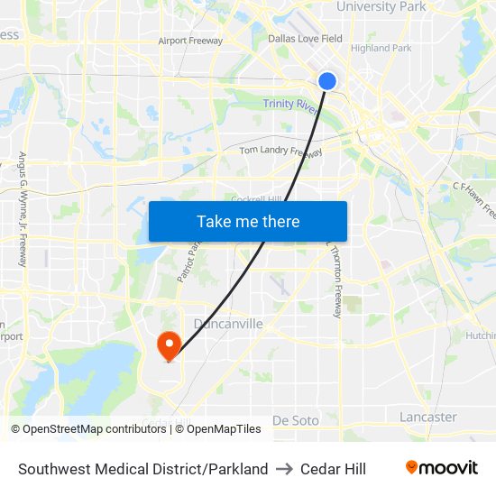 Southwest Medical District/Parkland to Cedar Hill map