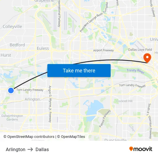 Arlington to Dallas map