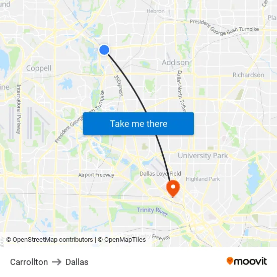 Carrollton to Dallas map