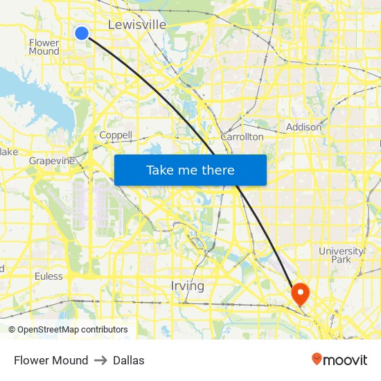 Flower Mound to Dallas map