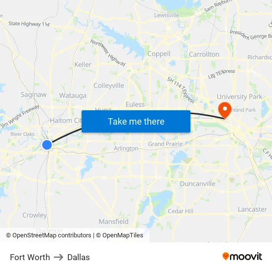 Fort Worth to Dallas map