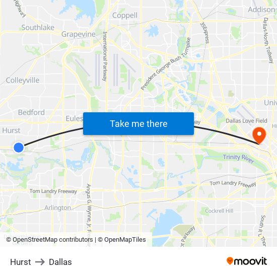 Hurst to Dallas map