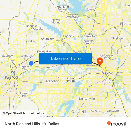 North Richland Hills to Dallas map