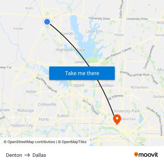 Denton to Dallas map