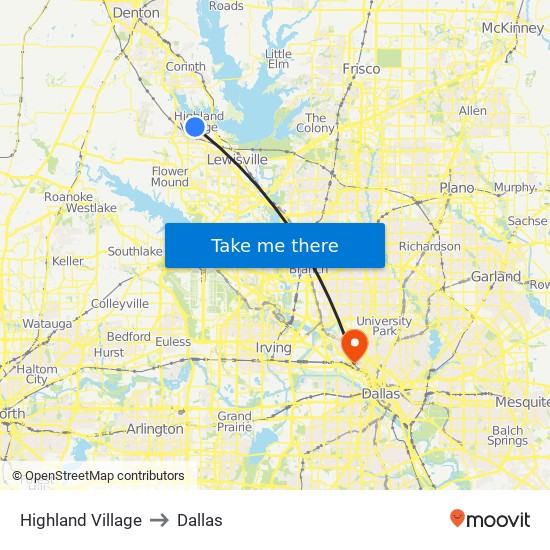 Highland Village to Dallas map