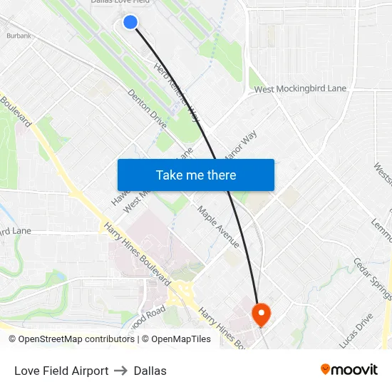 Love Field Airport to Dallas map