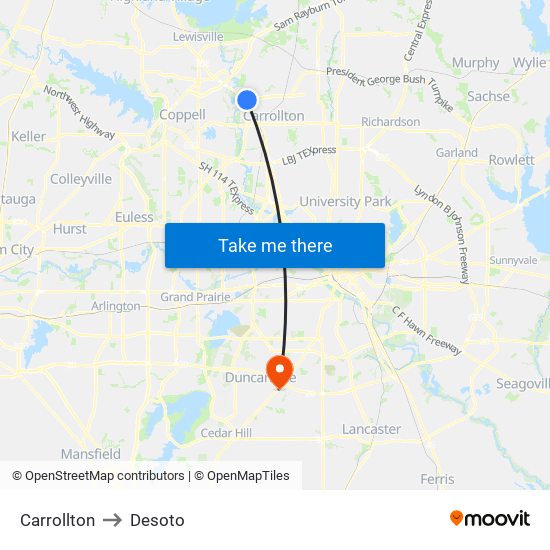 Carrollton to Desoto map