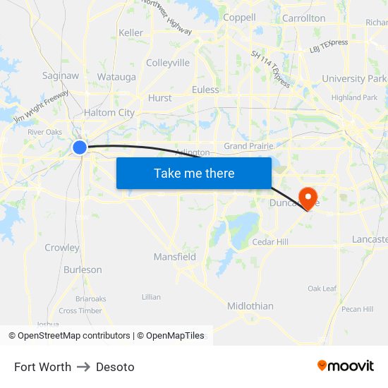 Fort Worth to Desoto map