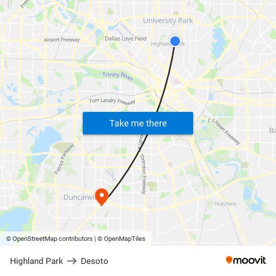 Highland Park to Desoto map
