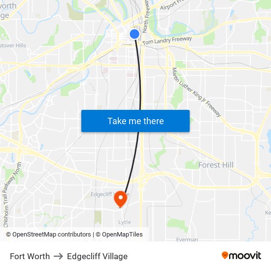 Fort Worth to Edgecliff Village map