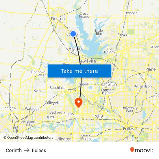 Corinth to Euless map