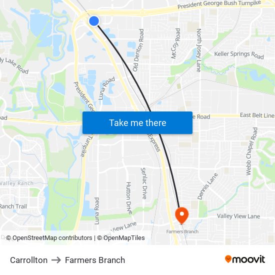 Carrollton to Farmers Branch map