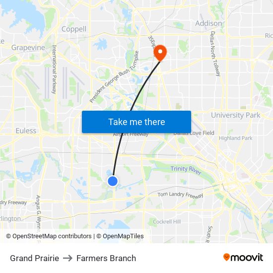 Grand Prairie to Farmers Branch map