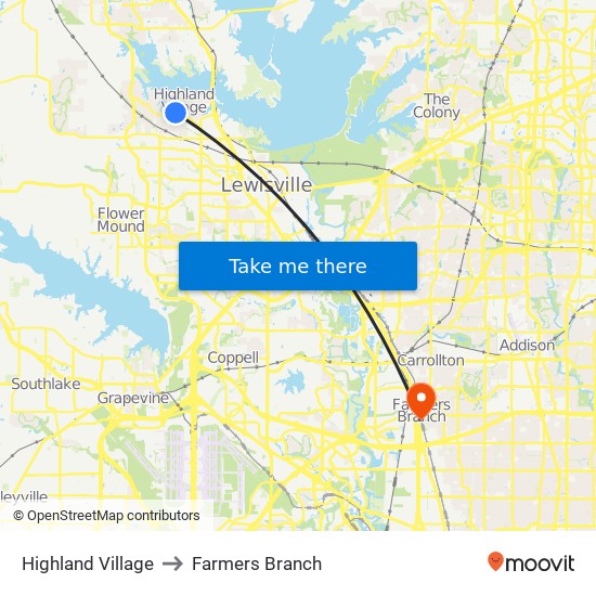 Highland Village to Farmers Branch map