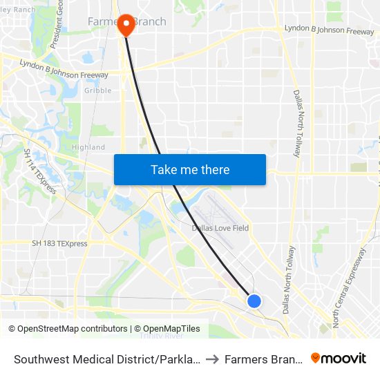 Southwest Medical District/Parkland to Farmers Branch map
