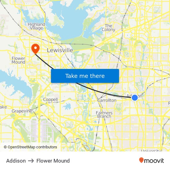 Addison to Flower Mound map