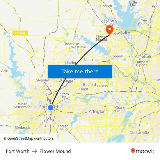 Fort Worth to Flower Mound map