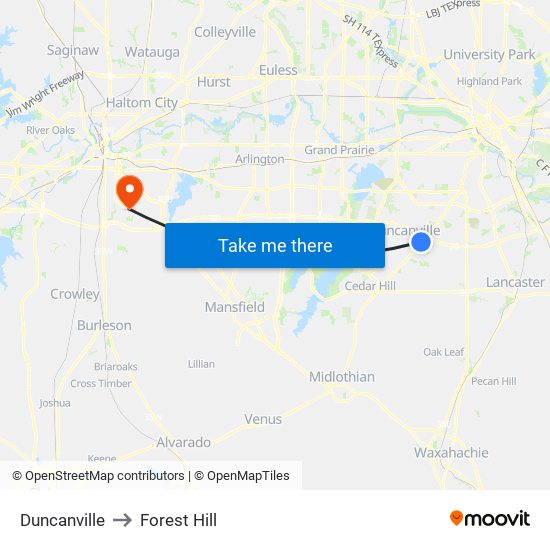 Duncanville to Forest Hill map