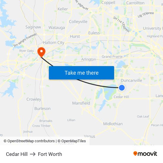 Cedar Hill to Fort Worth map