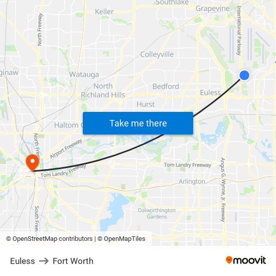 Euless to Fort Worth map