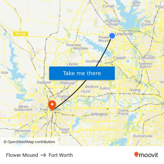 Flower Mound to Fort Worth map