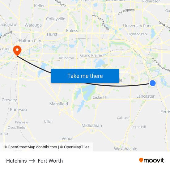 Hutchins to Fort Worth map