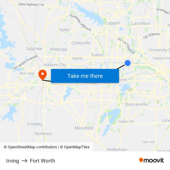 Irving to Fort Worth map