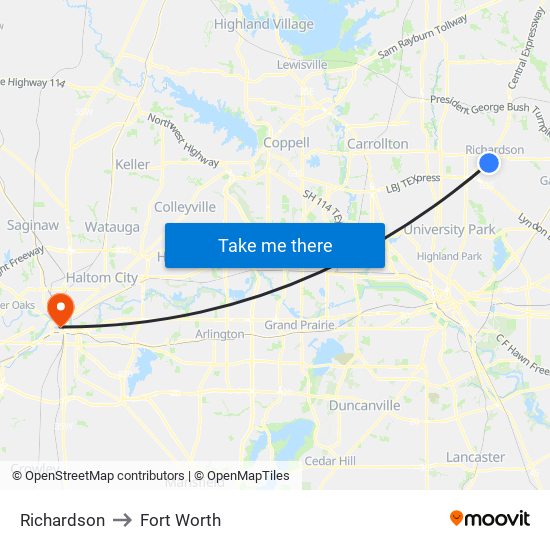 Richardson to Fort Worth map