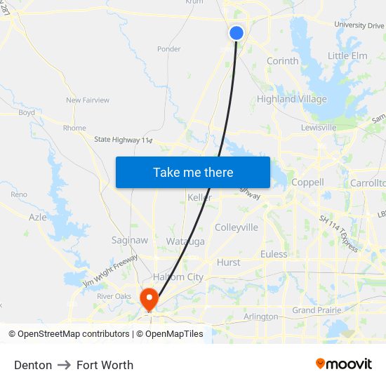 Denton to Fort Worth map