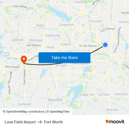Love Field Airport to Fort Worth map