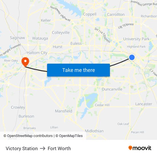 Victory Station to Fort Worth map