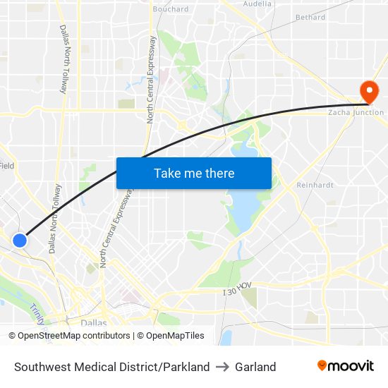 Southwest Medical District/Parkland to Garland map