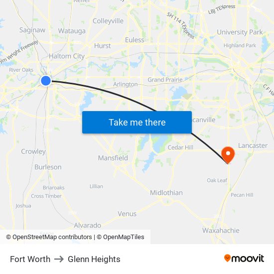 Fort Worth to Glenn Heights map