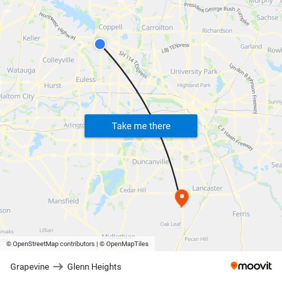 Grapevine to Glenn Heights map