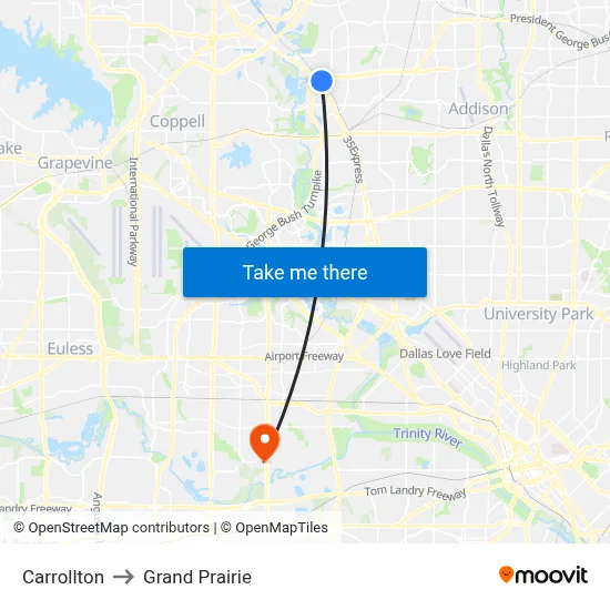 Carrollton to Grand Prairie map