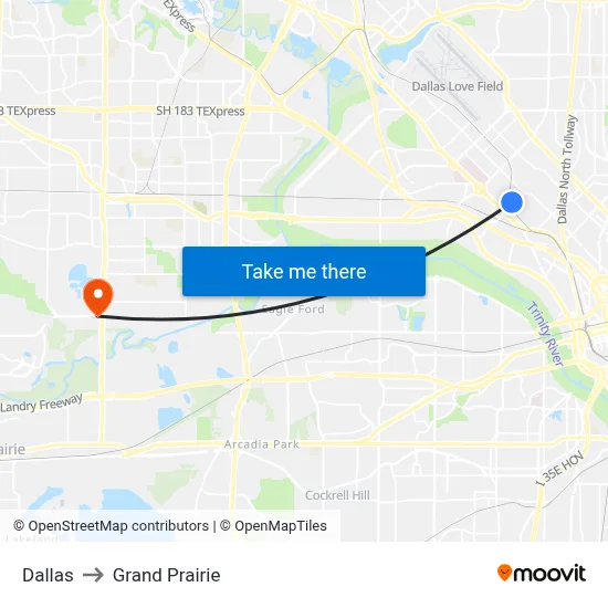 Dallas to Grand Prairie map