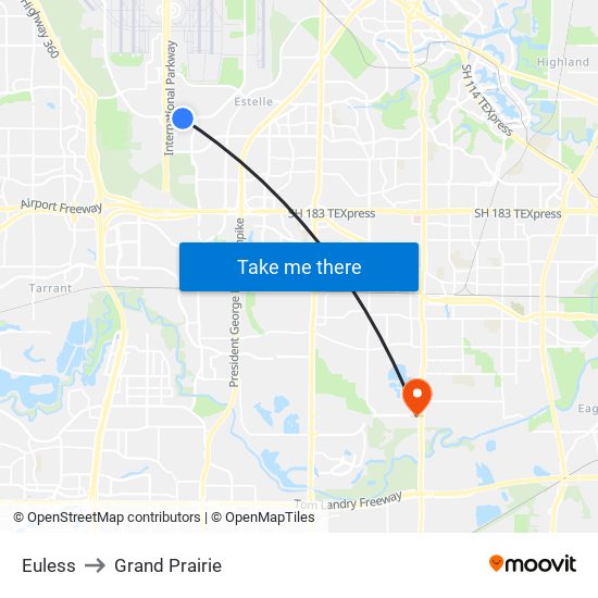 Euless to Grand Prairie map