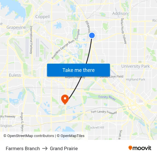 Farmers Branch to Grand Prairie map