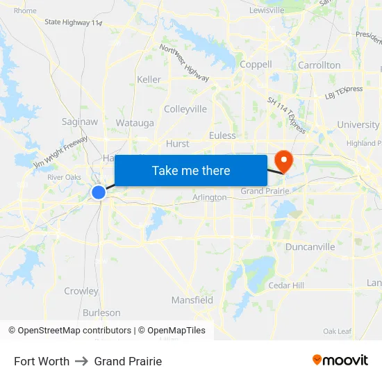 Fort Worth to Grand Prairie map