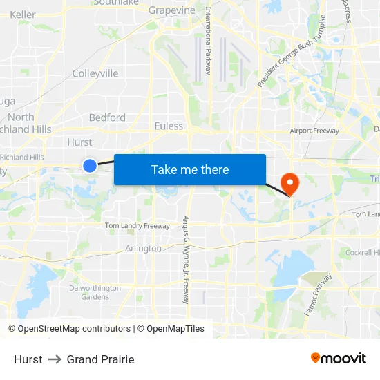 Hurst to Grand Prairie map
