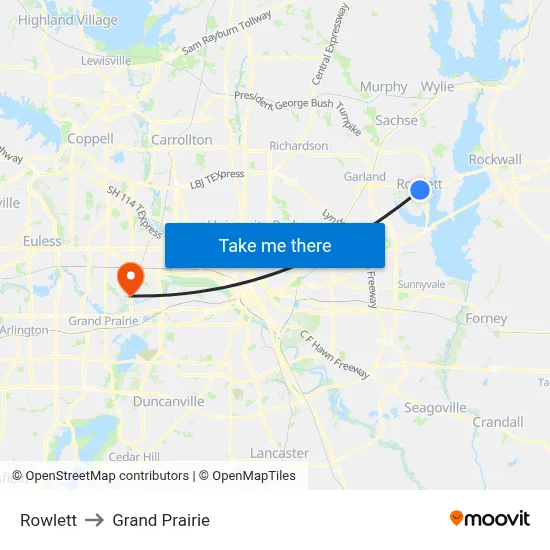Rowlett to Grand Prairie map
