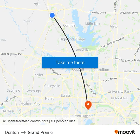 Denton to Grand Prairie map