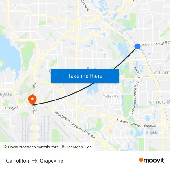 Carrollton to Grapevine map
