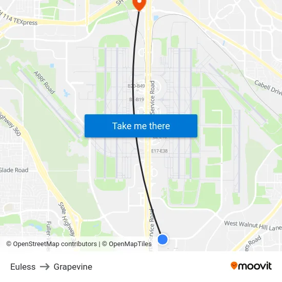 Euless to Grapevine map