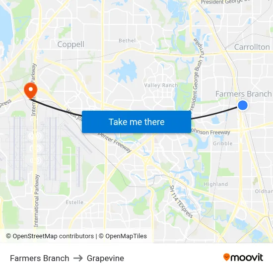 Farmers Branch to Grapevine map