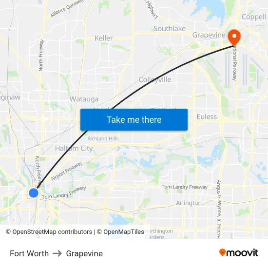Fort Worth to Grapevine map