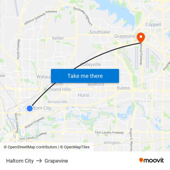 Haltom City to Grapevine map