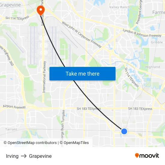 Irving to Grapevine map