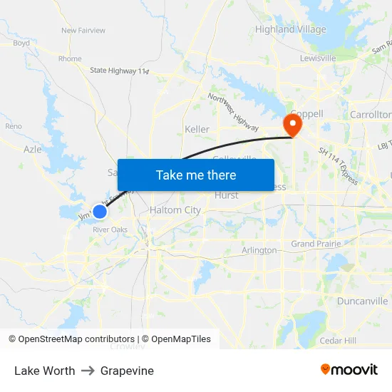 Lake Worth to Grapevine map
