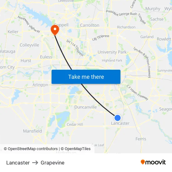 Lancaster to Grapevine map